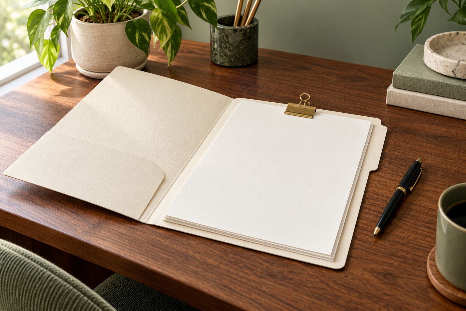 Open folder of organized documents on a desk